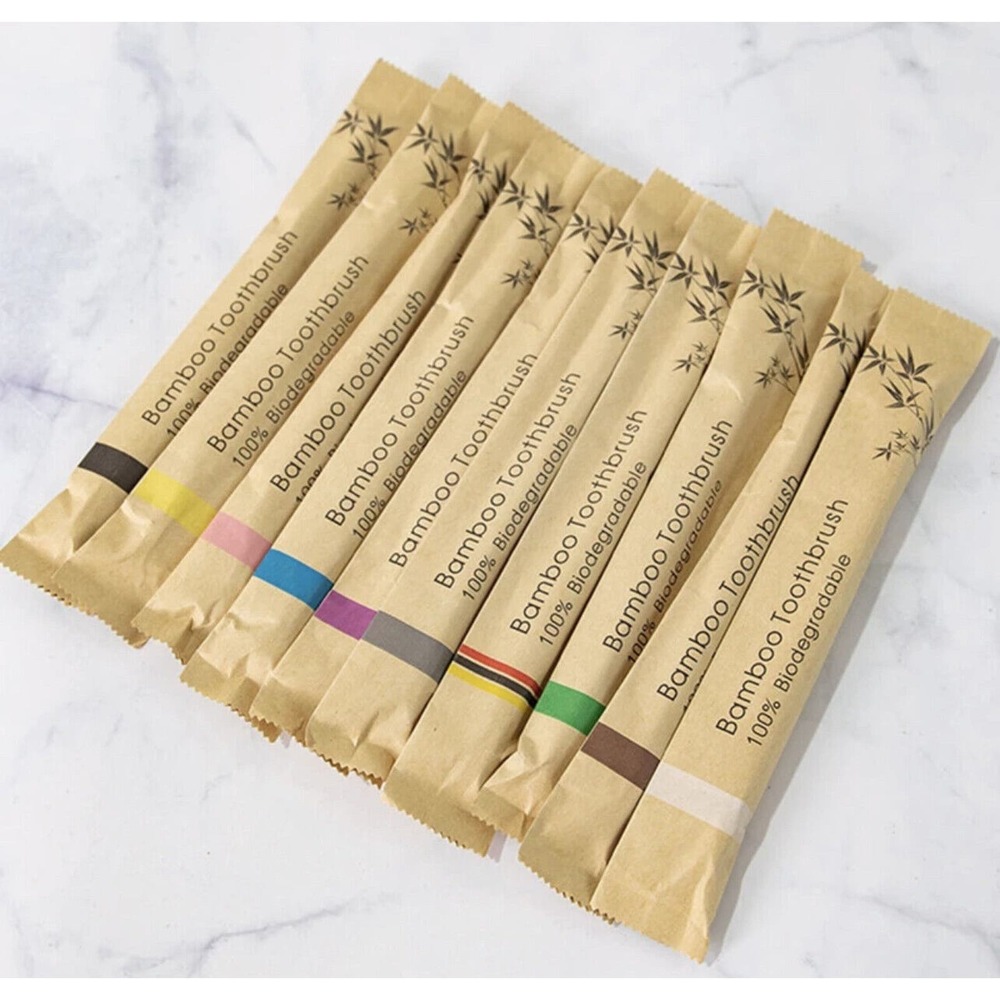 Eco Friendly Natural Bamboo Toothbrush Wood Medium Adult 10Pcs Pack Color